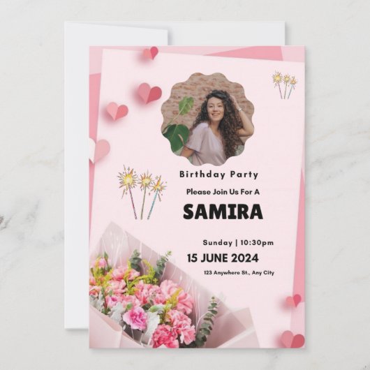 Rosa florale Moderne Geburt Einladung (Vorderseite)