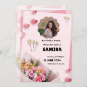 Rosa florale Moderne Geburt Einladung (Vorne/Hinten)