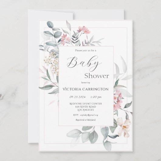 Rosa florale Moderne Girl-Babydusche Einladung (Vorderseite)