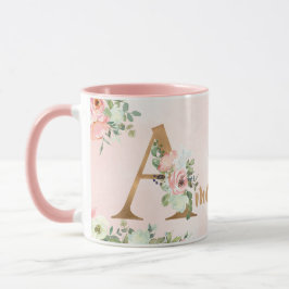 Rosa florale Monogramm Aquarell mit Name Tasse