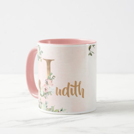 Rosa florale Monogramm J Aquarell mit Name Tasse (Vorderseite Links)