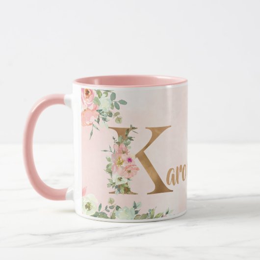 Rosa florale Monogramm K Aquarell mit Name Tasse (Links)