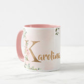 Rosa florale Monogramm K Aquarell mit Name Tasse (Vorderseite Links)