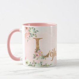 Rosa florale Monogramm L Aquarell mit Name Tasse