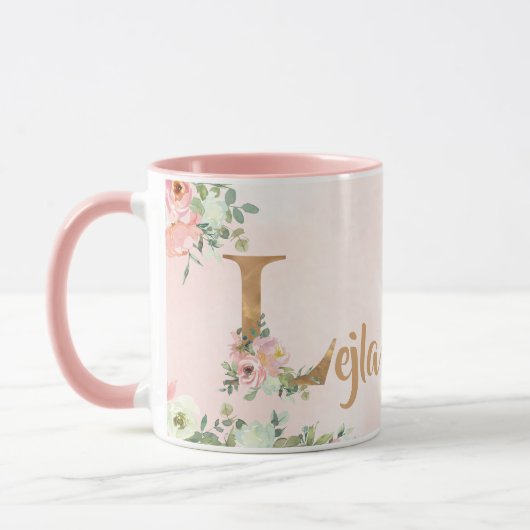 Rosa florale Monogramm L Aquarell mit Name Tasse (Links)