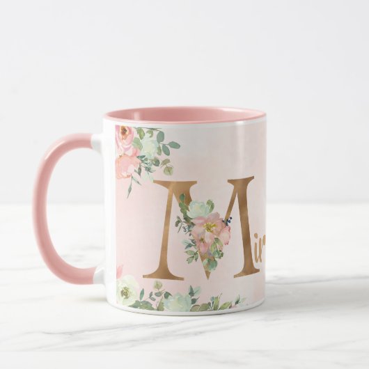 Rosa florale Monogramm M Aquarell mit Name Tasse (Links)