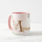 Rosa florale Monogramm M Aquarell mit Name Tasse (Vorderseite Links)