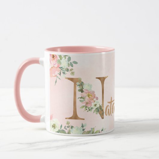 Rosa florale Monogramm n Aquarell mit Name Tasse (Links)