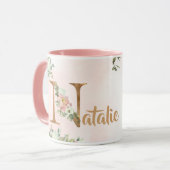 Rosa florale Monogramm n Aquarell mit Name Tasse (Vorderseite Links)