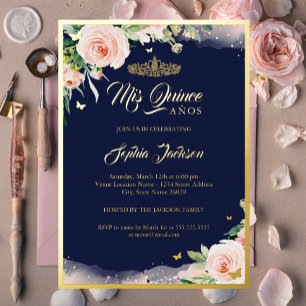Rosa Florale Navy Quinceanera Geburtstag Folieneinladung