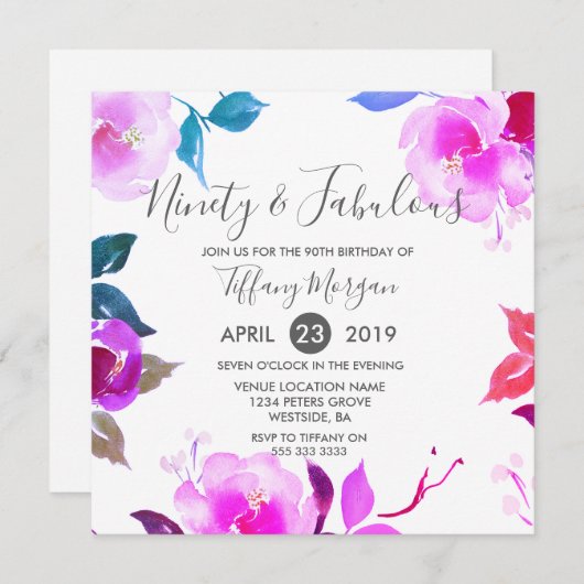 Rosa florale Neunzigartigkeit & fabelhafte 90. Geb Einladung (Vorne/Hinten)