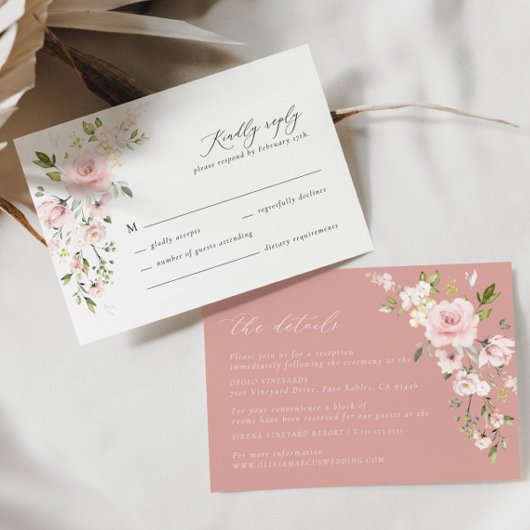 Rosa florale Olive Hochzeitskarte Begleitkarte