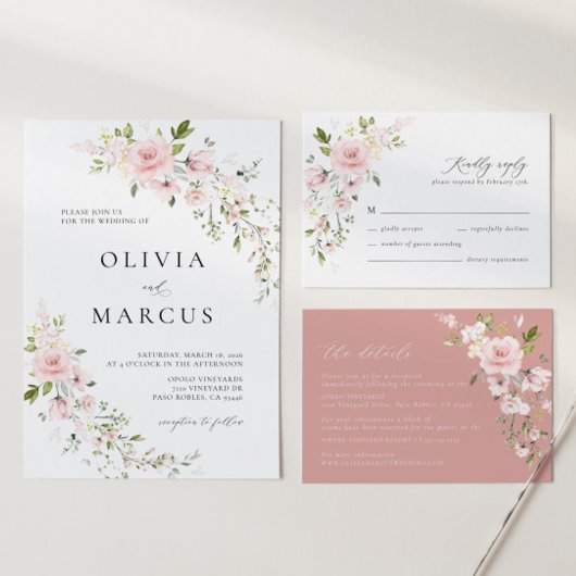 Rosa florale Olive Hochzeitskarte Begleitkarte