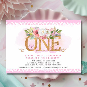 Rosa Florale ONE First Birthday Einladung