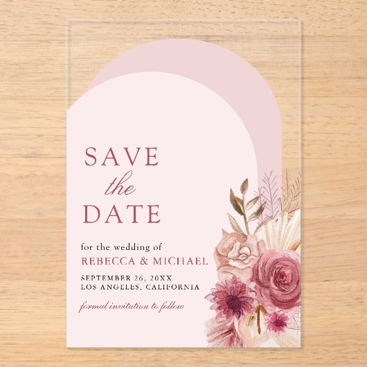 Rosa florale Pampas Arch Wedding Save the Date Acryleinladungen (Vorderseite)