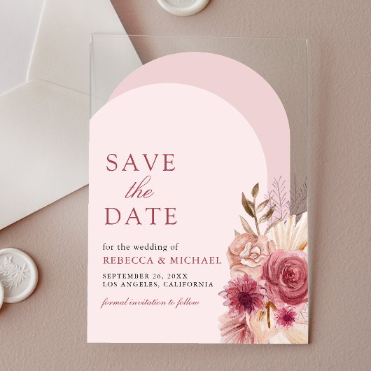 Rosa florale Pampas Arch Wedding Save the Date Acryleinladungen