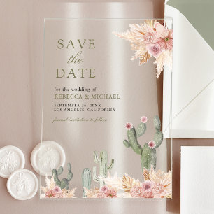 Rosa florale Pampas Kaktus Hochzeit Termin merken Acryleinladungen