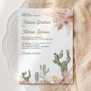 Rosa florale Pampas Kaktus QR Code Foto Hochzeit Einladung