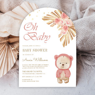 Rosa florale Pampas Teddybär-Bogen-Baby-Party Einladung