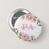 Rosa florale personalisierter Name PA Button (Vorne & Hinten)