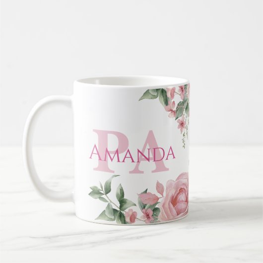 Rosa florale personalisierter Name PA Kaffeetasse (Links)
