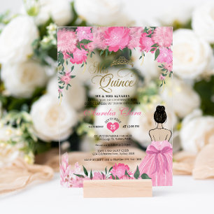 Rosa Florale Prinzessin Mis Quince Quinceañera Acryleinladungen