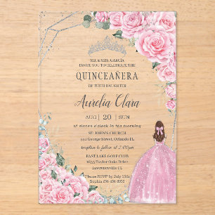 Rosa florale Prinzessin Silber Quinceanera Mis 15 Acryleinladungen