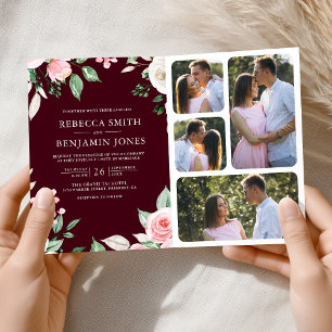 Rosa Florale QR-Code Burgunder Hochzeit Einladung