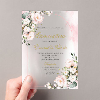 Rosa florale Quinceañera Acryleinladungen