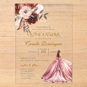 Rosa florale Quinceanera Acryleinladungen
