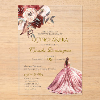 Rosa florale Quinceanera Acryleinladungen