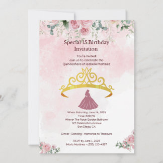 Rosa Florale Quinceañera-Einladung Flachkarte Einladung