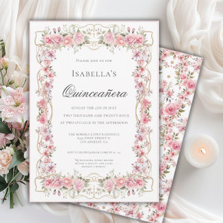 Rosa Florale Quinceañera Elegante Feier 15 Einladung