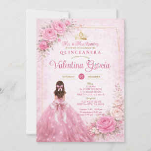 Rosa Florale Quinceañera-Rosé-Prinzessinnen-Einlad Einladung