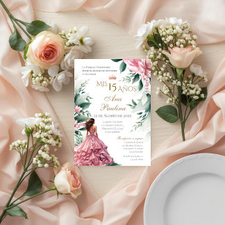 Rosa florale Quinceañera spanische Einladung