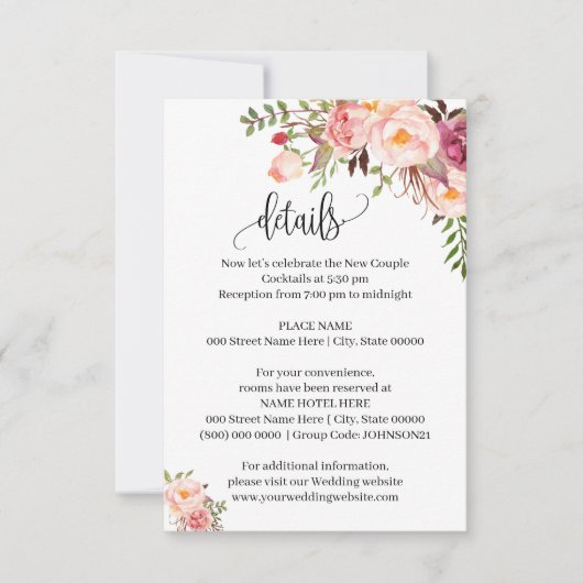 Rosa florale Romantische schicke bohobische Beipac Einladung (Vorderseite)