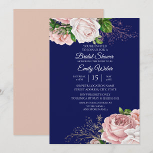 Rosa Florale Rosen Navy Blau Brautparty Einladung