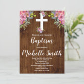 Rosa florale rustikale Taufe Religiöse Einladung (Stehend Vorderseite)