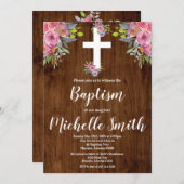 Rosa florale rustikale Taufe Religiöse Einladung (Vorne/Hinten)