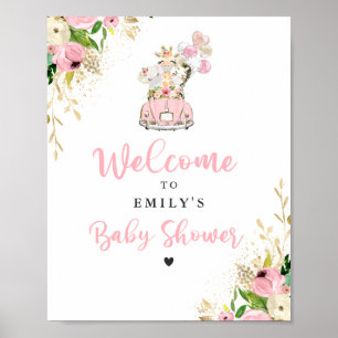 Rosa florale Safari-Tiere mit Kinderdusche Poster
