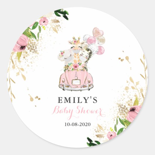 Rosa florale Safari-Tiere mit Kinderdusche Runder Aufkleber (Vorderseite)