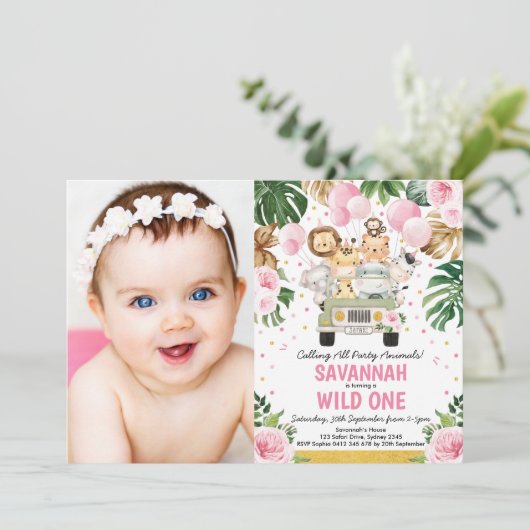 Rosa florale Safari Tiere Wildes Mädchen Geburtsta Einladung (Stehend Vorderseite)