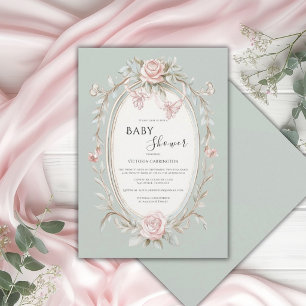 Rosa Florale Sage Grün Vintage Babyparty Einladung