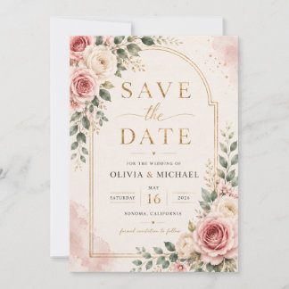 Rosa Florale Save the Date Karte | Wasserfarbe 