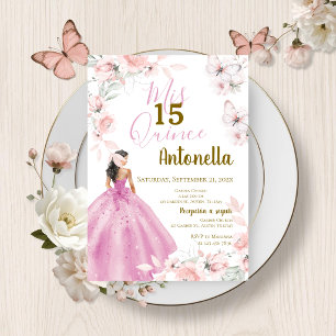 Rosa florale Schmetterlinge Quinceañera Einladung