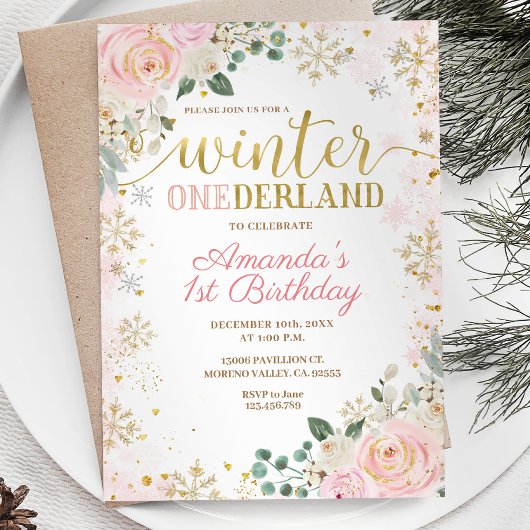 Rosa florale Schneeflocken Winter Onederland Gebur Einladung