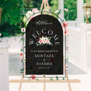 Rosa Florale Schwarzer Bogen Muslimische Hochzeits Acrylschild