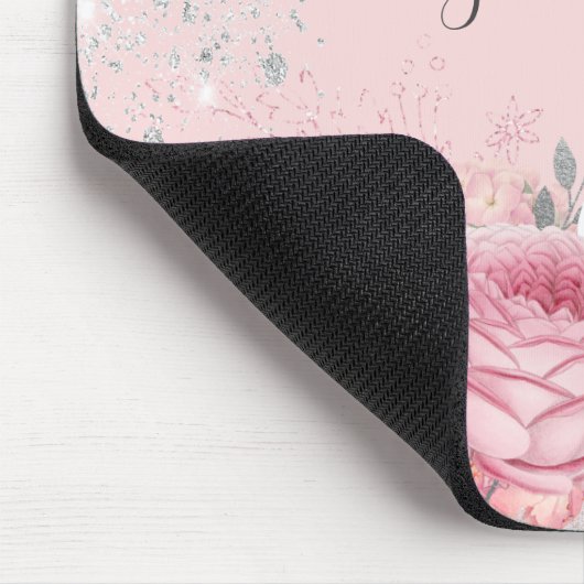 Rosa Florale Silber-Monogramm-Schrift Mousepad (Ecke)