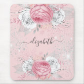 Rosa Florale Silber-Monogramm-Schrift Mousepad (Vorne)