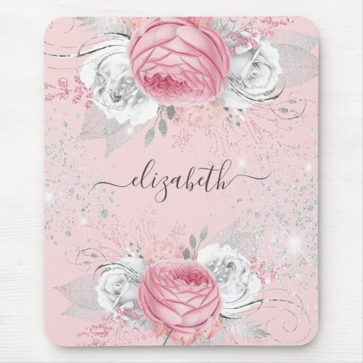 Rosa Florale Silber-Monogramm-Schrift Mousepad (Vorne)
